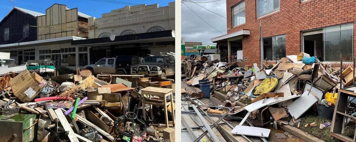 2 images side by side of people's belongings that have been piled up outside their homes and businesses due to the floods