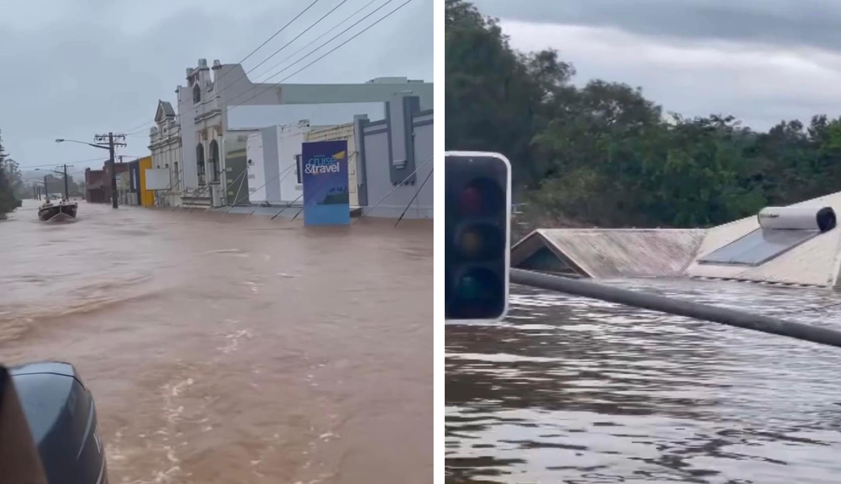 2 Images of the floods in the Northern Rivers. The image on the left shows flood water up to the second stories of businesses with boats driving through the street. The image on the right shows flood water over the rood of a house.