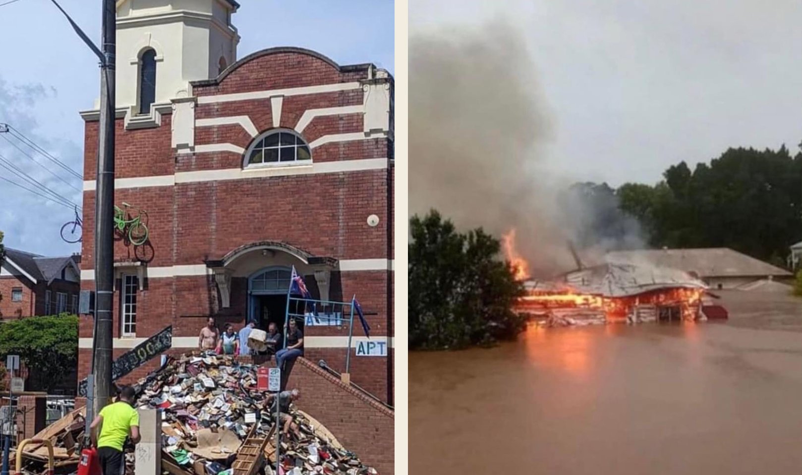 2 images of the floods in the Northern Rivers. The image on the left shows peoples belongings, ruined, and piled up at a hall with bikes seen in the powerlines. The image on the right shows a house on fire, in flood water.